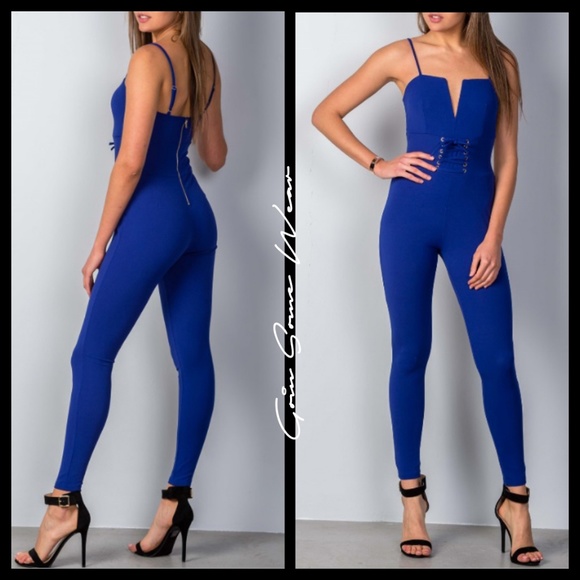 Blue V-Cut Corset Waist Party Jumpsuit Womens Size Small, Medium, & Large - Picture 1 of 5